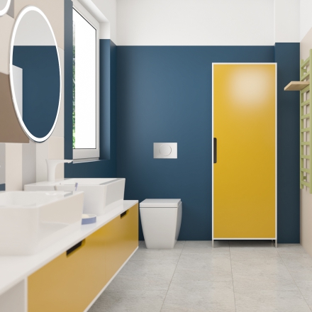 projektant wnętrz tworzy kolorową łazienkę dla dzieci